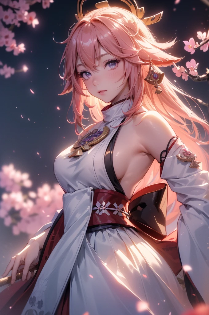 ((yaemikodef)):1.5, ((masterpiece,Highest quality,Highly detailed images,Beautiful images、Dutch Angle)), (In front of the cherry tree、Close-up image of yaemiko、Overall dim lighting、Backlight、Strong backlighting、Fantastic dark atmosphere、Thick Fog、Dust flutters),(Dynamic pose)1.2, sideboob、((from front))