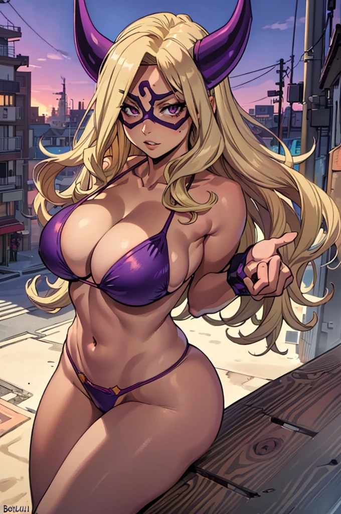 (best quality: 1.3), Mt Lady by Boku no Hero, (blonde), busty, cleavage, seductive, sexy, curvy body, big ass, , (mask), (((thong bikini))), (purple horn), (city),  back big ass