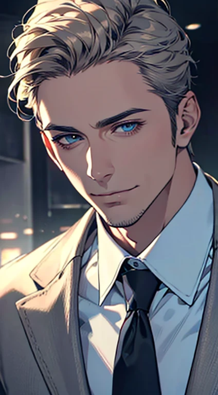 (best quality,4k,8k,highres,masterpiece:1.2),ultra-detailed,(realistic,photorealistic,photo-realistic:1.37),1 man,31 years old,mature man,very handsome,without expression,smile,short grey golden hair,blue eyes,penetrating gaze,perfect face without errors,imposing posture,businessman,office background,cinematic lighting,hdr image