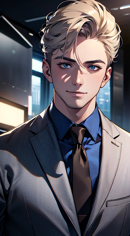 (best quality,4k,8k,highres,masterpiece:1.2),ultra-detailed,(realistic,photorealistic,photo-realistic:1.37),1 man,31 years old,mature man,very handsome,without expression,smile,short grey golden hair,blue eyes,penetrating gaze,perfect face without errors,imposing posture,businessman,office background,cinematic lighting,hdr image