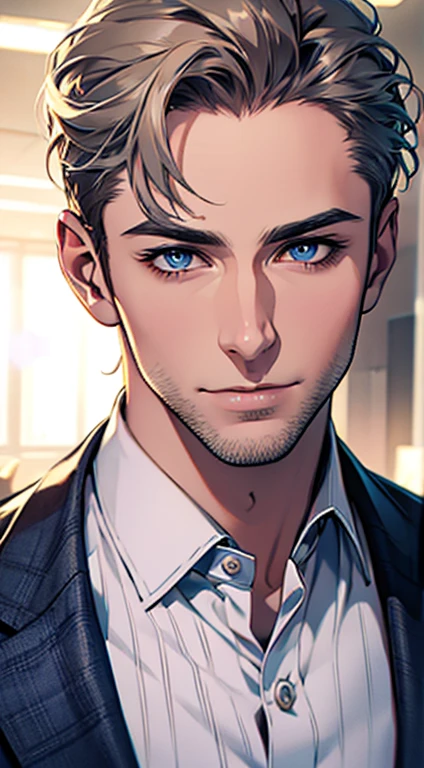 (best quality,4k,8k,highres,masterpiece:1.2),ultra-detailed,(realistic,photorealistic,photo-realistic:1.37),1 man,31 years old,mature man,very handsome,without expression,smile,short grey golden hair,blue eyes,penetrating gaze,perfect face without errors,imposing posture,businessman,office background,cinematic lighting,hdr image