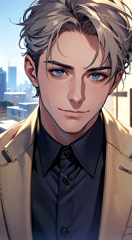 (best quality,4k,8k,highres,masterpiece:1.2),ultra-detailed,(realistic,photorealistic,photo-realistic:1.37),1 man,31 years old,mature man,very handsome,without expression,smile,short grey golden hair,blue eyes,penetrating gaze,perfect face without errors,imposing posture,businessman,office background,cinematic lighting,hdr image