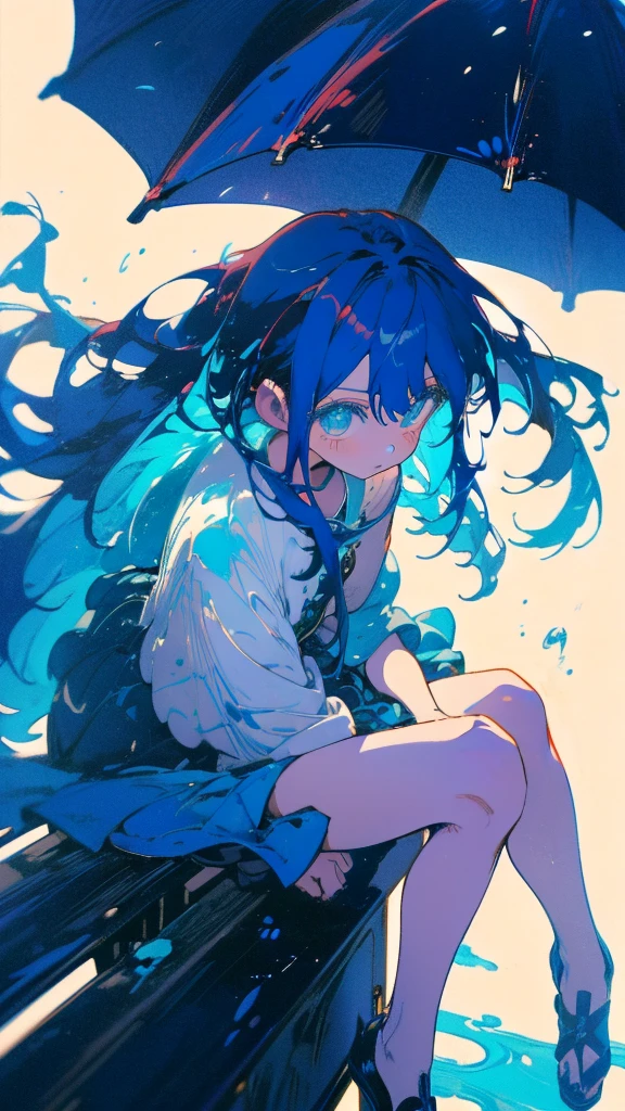 Blue-haired long hair，Design clothing，Seven-doppelganger shot，Anime style 4K，Anime girl with teal hair，High quality anime art style，sit  down,painting，Splash ink background，Blue Themes、Pure white background,Buildings,Face close-up,Buildings,Moon and sun、Long legs