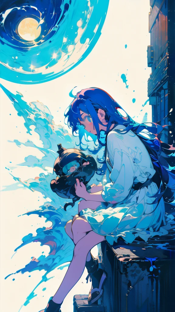 Blue-haired long hair,Design clothing,Seven-doppelganger shot,Anime style 4K,Anime girl with teal hair,High quality anime art style,sit down,painting,Splash ink background,Blue Themes、Pure white background,Buildings,Face close-up,Buildings,Moon and sun、Long legs