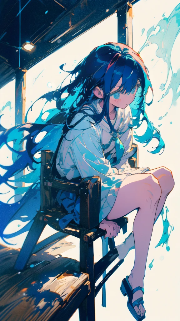 Blue-haired long hair,Design clothing,Seven-doppelganger shot,Anime style 4K,Anime girl with teal hair,High quality anime art style,sit down,painting,Splash ink background,Blue Themes、Pure white background,Buildings,Face close-up,Buildings,Moon and sun、Long legs