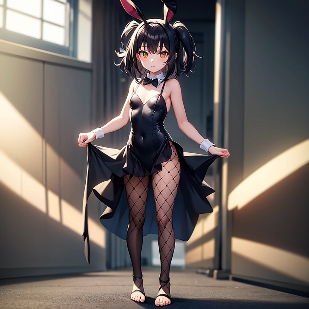 (Bunny girl),(Fishnet tights),(barefoot),Naked,Cute little ,Tiny ,Small girl,,Childish face, Very fine clean face,Top quality,Black Hair,(Dark Room), Subtle light, Natural light,Soft lighting,Light from directly behind, (Are standing),With bust up,Front view,Black background