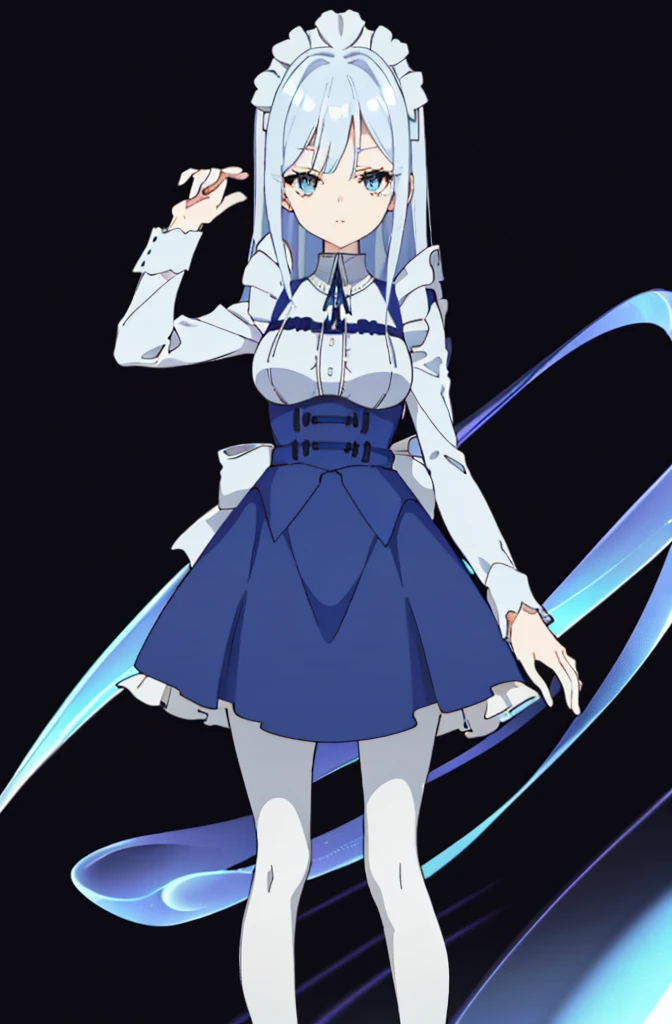 ((cathedral background)),1 girl! Ray tracing, best shadows, high resolution (dim lighting) blue hair, plump and slender girl, (girl wearing white shirt, black wrinkled skirt, with black transparent pantyhose), showing a delicate slim figure and graceful curves, correctly positioned and reasonable limbs! facial details! Delicate facial features, pay attention to the position details of the legs! Pay attention to hand details! High quality! More eligible! Reduce errors, ultra-detailed CG, more reasonable picture! Delicate finger detailing,((blue medium hair)),((White Maid Costume)),blue eyes,((whole body)),whole body,((White Maid Costume)),((White Maid Costume)),evil smile,