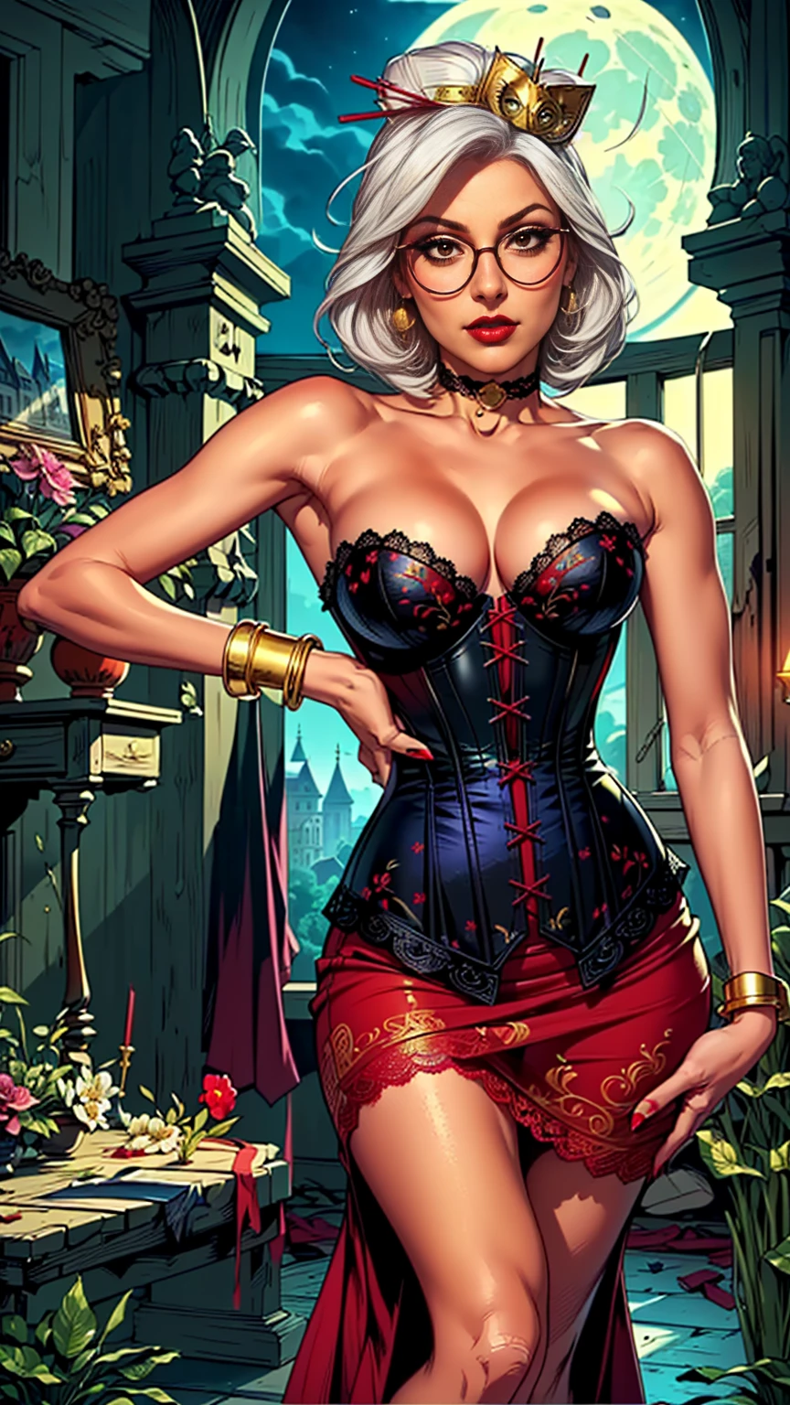 ((Masterpiece, standing,Best Quality, Purah, White Hair, brown Eyes, Red Headband, Hair Ornament, Hair Sticks, Red Glasses, shy, Smug)), ((pink lipstick, Extremely detailed, ambient soft lighting, 4k, perfect eyes, a perfect face, perfect lighting, a 1girl)), ((black corset, red skirt, ((long skirt, embroidered long skirt, red long skirt)), printed skirt, lace corset, choker, castle, abandoned castle, window, full moon, flower vase, frame, bracelets, earrings, gold jewelry))