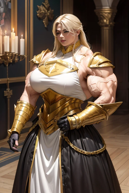 (((Massive beautiful, buff, light brown skinned muscular paladin woman with yellow hair, black lipstick, ginormous bulky muscles and wearing full gleaming yellow paladin knight armored with a long tiered skirt))), (close view), large breast, massive muscle, massive biceps, hyper muscle shoulders, hyper muscle triceps, (long flowing hair), gray eyes, (Paladin boots), (metal armor), breastplate, gauntlets, (Shoulder armor), closed smile, (in a castle in heaven), spring season, Vascular arms, hyper muscles arms, hyper muscle legs, massive buff arms.