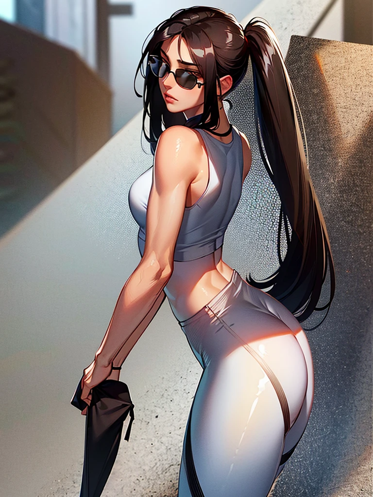Black hairs reaching middle of neck, brown eyes, big lips, giant , small waist, giant hips, giant ass, muscule abs, sunglasses, military dog tags, white tank top, moro leggins, 1.88 of height