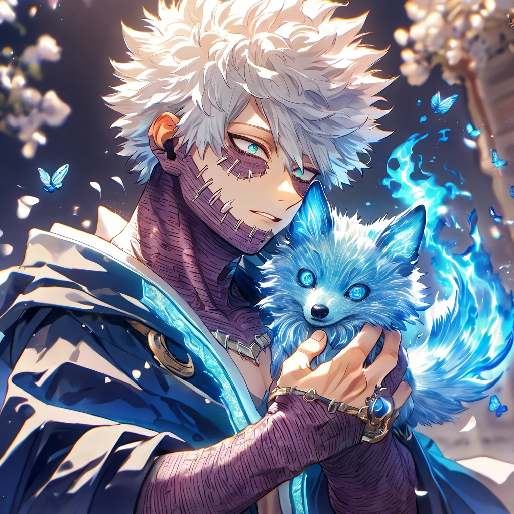 absurdres, highres, ultra detailed, HDR, master piece, best quality, extremely detailed, Dabi, white hair, expressive turquoise eyes, Boku No Hero Academia, sexy man hugging a fox, handsome, magical, fantasy, magic, blue fire, blue forest, glittering, blue butterflies, blue petals, blue flowers