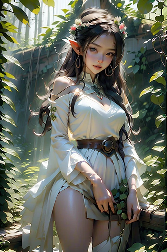 In a dappled, ancient forest ruin, an Elf Princess stands tall, her scepter raised high as beams of warm sunlight filter through the trees, casting a golden halo around her regalness. Her beautiful summer wear, enchanted clothing shimmers in the soft light covered in tiny miniature red multicolored flowers, and pea green and yellow tiny leaved vines, while lush foliage and vines surround her, creating a lush environment. The camera captures a sharp focus on the princess's face, with the rule of thirds composition placing her at the intersection of two diagonals. Shot during the golden hour, the scene exudes an ethereal mood, inviting the viewer to step into this mystical realm, fantasy, better_hands, Leonardo, Angela white, Enhance