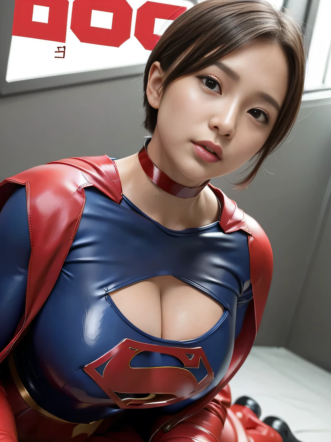 masterpiece、Rubber Supergirl Costume、short hair、Rubber Long Boots、Big and ample breasts、shiny sweaty skin、looking at the camera、choker、Long sleeve、Sexy poses to seduce、Off the shoulder、latex、from right in front、athlete、Racing Bloomers、Red Cape、Muscle training、Beautiful thighs、Photo magazine cover、operating table、Lying down、