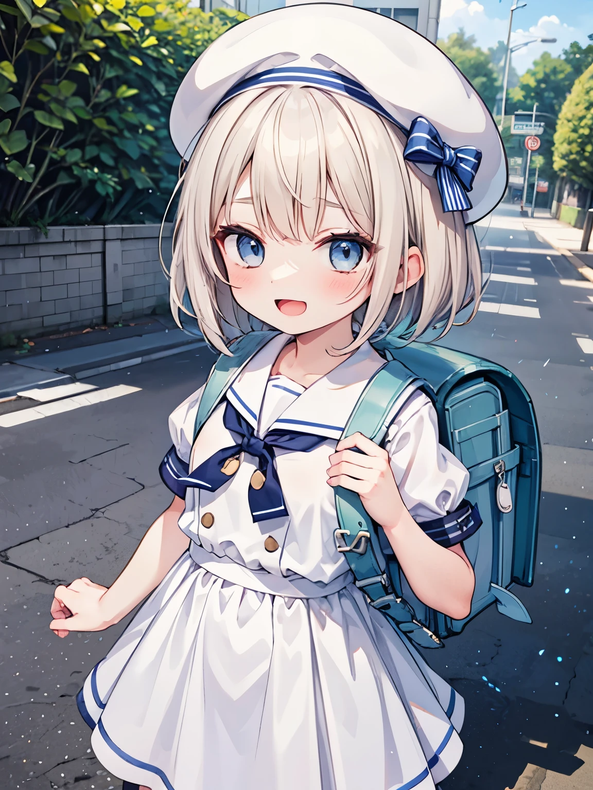 1girl, summer dress, day, blush, smile, brown hair, blue eyes, eyebrows visible through hair, puffy sleeves, bag, blonde hair, grey headwear, medium hair, randoseru, looking at viewer, short sleeves, backpack, :d, open mouth, short hair, long hair, smile, standing, holding strap, white dress, sailor dress, blue shirt, collared shirt, sailor collar, puffy short sleeves, beret, white headwear, sailor hat, neck ribbon, black neckwear, striped neckwear, buttons, masterpiece, best quality, standing, outdoor 