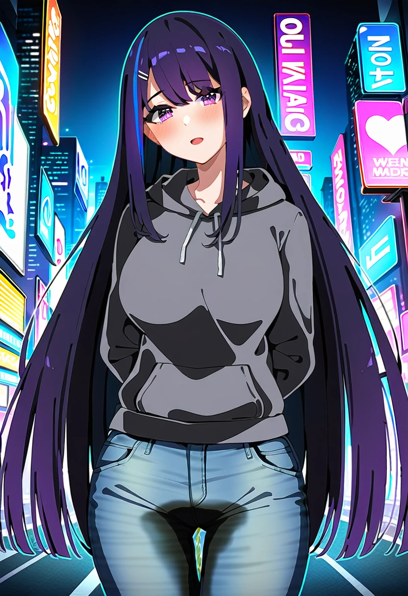 (masterpiece:1.37), best quality, (extremely detailed:1.37), woman, mature, adult, large breasts, very long hair, (straight hair:1.5), dark purple hair, purple eyes, (extremely detailed eyes:1.37), hoodie, jeans, desperation, (wetting: self 3.0), standing, city, futuristic, neon lighting, high-tech, street