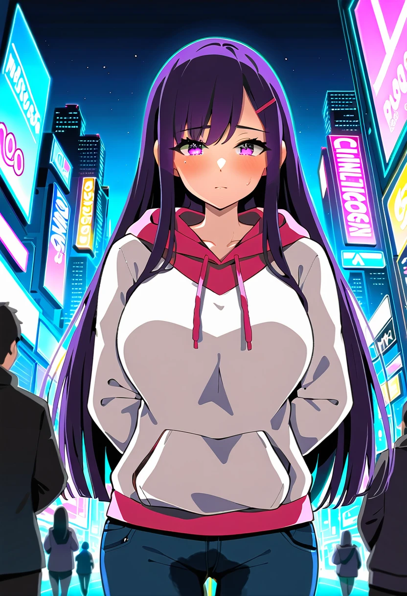 (masterpiece:1.37), best quality, (extremely detailed:1.37), woman, mature, adult, large breasts, (very long hair:1.5), dark purple hair, purple eyes, (extremely detailed eyes:1.37), hoodie, jeans, open fly, desperation, (wetting: self 3.0), standing, city, futuristic, neon lighting, high-tech, street