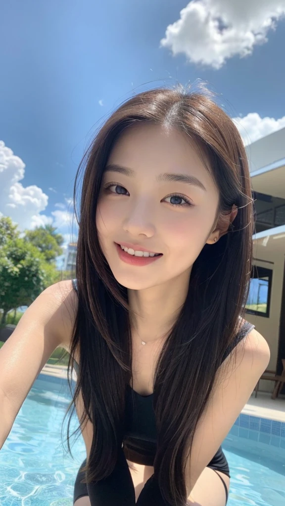 (top quality, 8K, masterpiece:1.3)), A pretty maiden,pure,oval face,Gentle and cute,sweet smile,pure,thin body,(Street),looking directly into the camera,black stockings, inner strength, formal,Black silky long, layered long hair,Long hair spread over shoulders,big deal, round, black eyes,clear big eyes,Hydrated red lips,Sweet,Sitting next to the pool,blue skywhite clouds,blue sky,stand