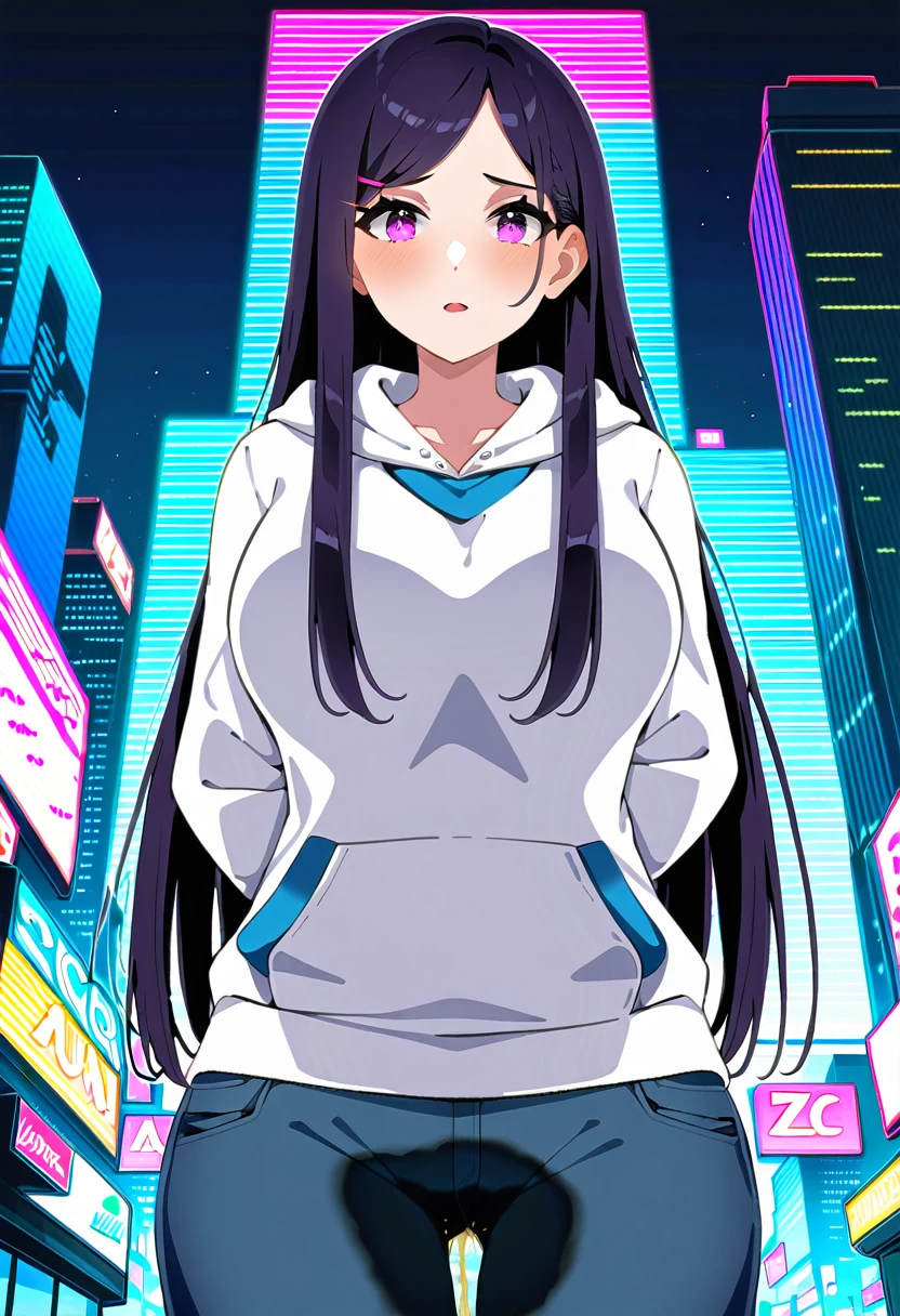 (masterpiece:1.37), best quality, (extremely detailed:1.37), woman, mature, adult, large breasts, very long hair, (straight hair:1.5), dark purple hair, purple eyes, (extremely detailed eyes:1.37), hoodie, jeans, desperation, (wetting: self 3.0), standing, city, futuristic, neon lighting, high-tech, street