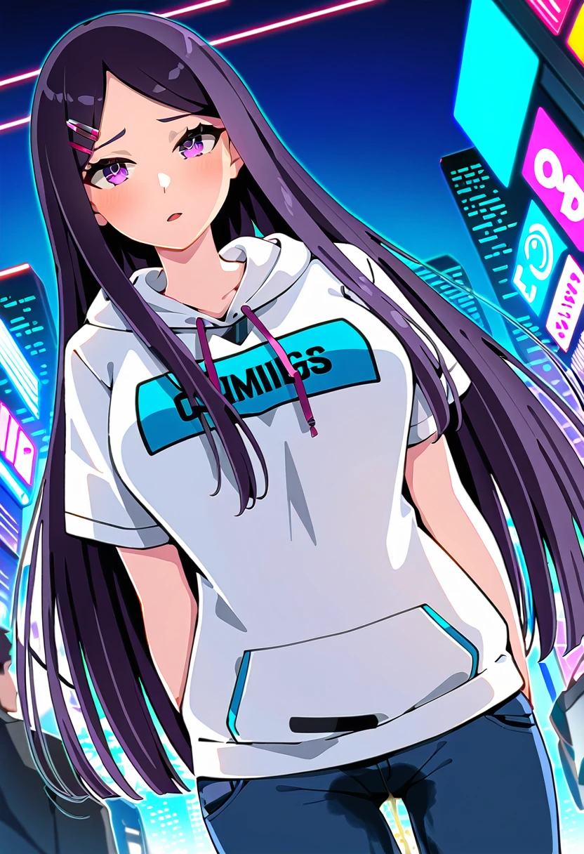 (masterpiece:1.37), best quality, (extremely detailed:1.37), woman, (very long hair:1.5), dark purple hair, purple eyes, (extremely detailed eyes:1.37), hoodie, navel, jeans, open fly, desperation, (wetting: self 3.0), standing, city, futuristic, neon lighting, high-tech