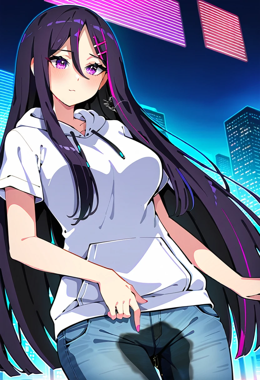 (masterpiece:1.37), best quality, (extremely detailed:1.37), woman, mature, adult, large breasts, (very long hair:1.5), dark purple hair, purple eyes, (extremely detailed eyes:1.37), hoodie, jeans, open fly, desperation, (wetting: self 3.0), standing, city, futuristic, neon lighting, high-tech, street