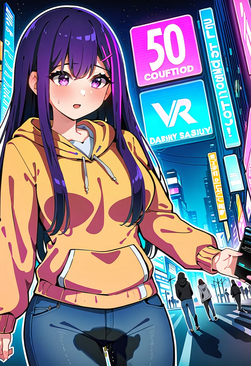 (masterpiece:1.37), best quality, (extremely detailed:1.37), woman, mature, adult, large breasts, very long hair, (straight hair:1.5), dark purple hair, purple eyes, (extremely detailed eyes:1.37), hoodie, jeans, desperation, (wetting: self 3.0), standing, city, futuristic, neon lighting, high-tech, street