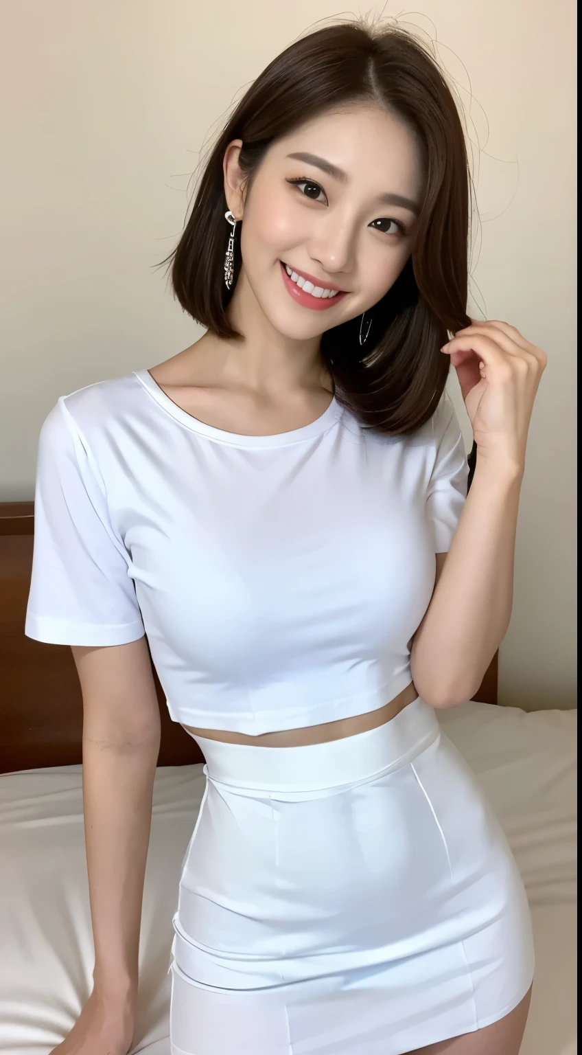 White tight shirt、White tight skinny mini skirt、bed、smile、Short sleeve、high resolution、Korean idol face、double eyelid、White teeth、Medium Hair