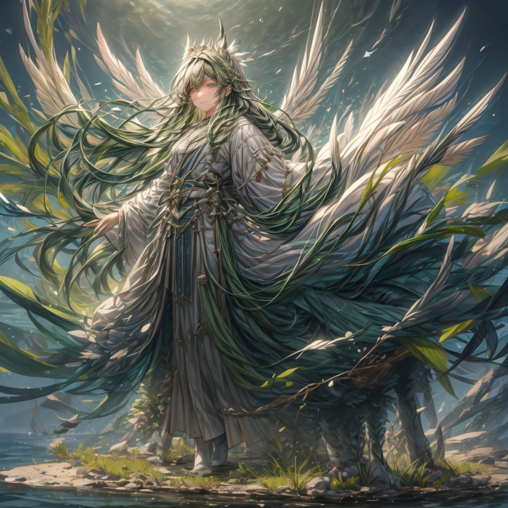 ((top-quality)), ((​masterpiece)), ((Ultra-detail)), (extremely delicate and beautiful), girl with, solo, cold attitude,((king costume)),he is very(relax)with  the(Settled down)Looks,A black-haired, depth of fields,evil smile, feather, under the water, wings,bright light green eyes,Inner color with dark hair and light green tips,Cold background, wolf Hair - Linear Art, pants、White uniform like 、Light、Clothes are sheer 、elegant pose