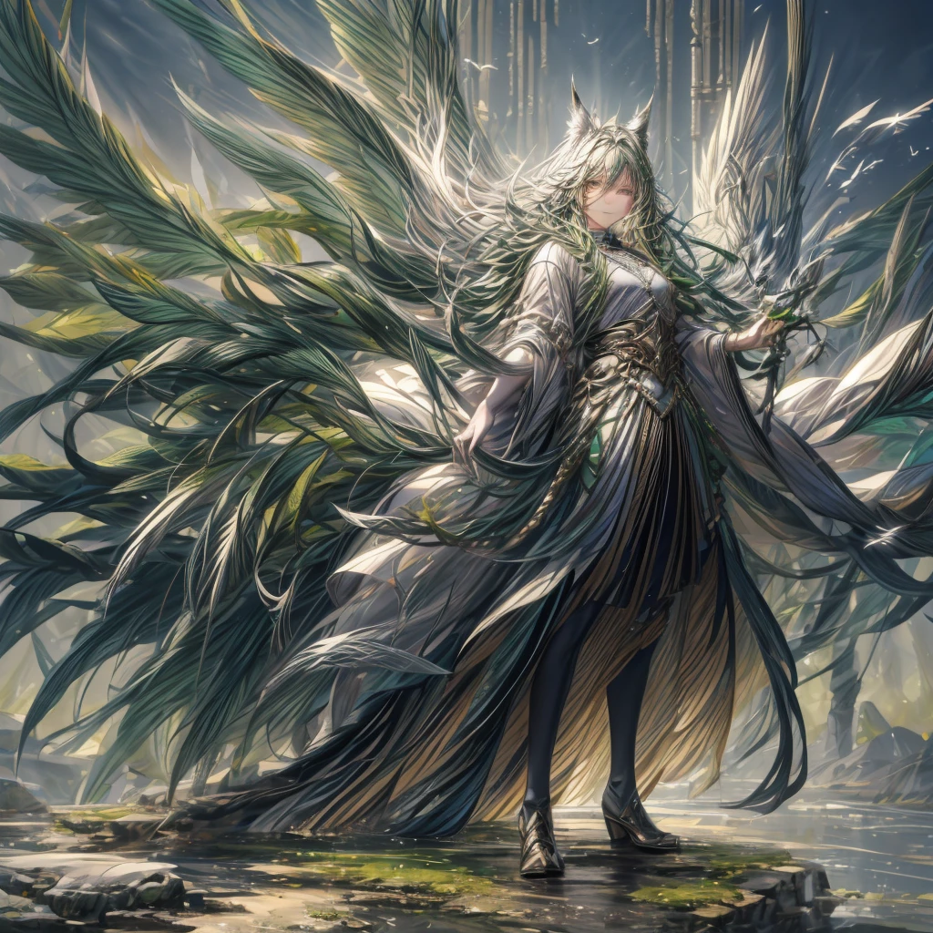 ((top-quality)), ((​masterpiece)), ((Ultra-detail)), (extremely delicate and beautiful), girl with, solo, cold attitude,((king costume)),he is very(relax)with  the(Settled down)Looks,A black-haired, depth of fields,evil smile, feather, under the water, wings,bright light green eyes,Inner color with dark hair and light green tips,Cold background, wolf Hair - Linear Art, pants、White uniform like 、Light、Clothes are sheer 、elegant pose