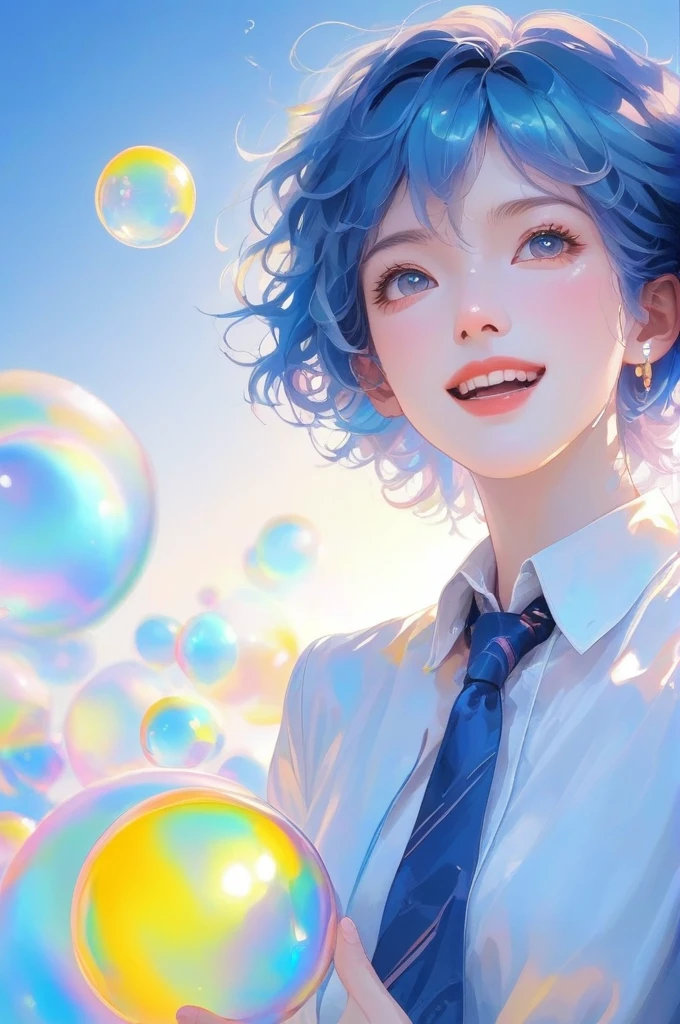 (masterpiece,最好of质量,Extremists_详细of,high resolution,absurd:1.2), blue, 一个在水下闭着眼睛of男孩,Wear a white-collared shirt,depth_of_site,(Long neck looking up:1.2),bubble,(One hand raised:1.2), Complementary colors,Short and messy_hair,Light eyes,Strong contour light,high resolution