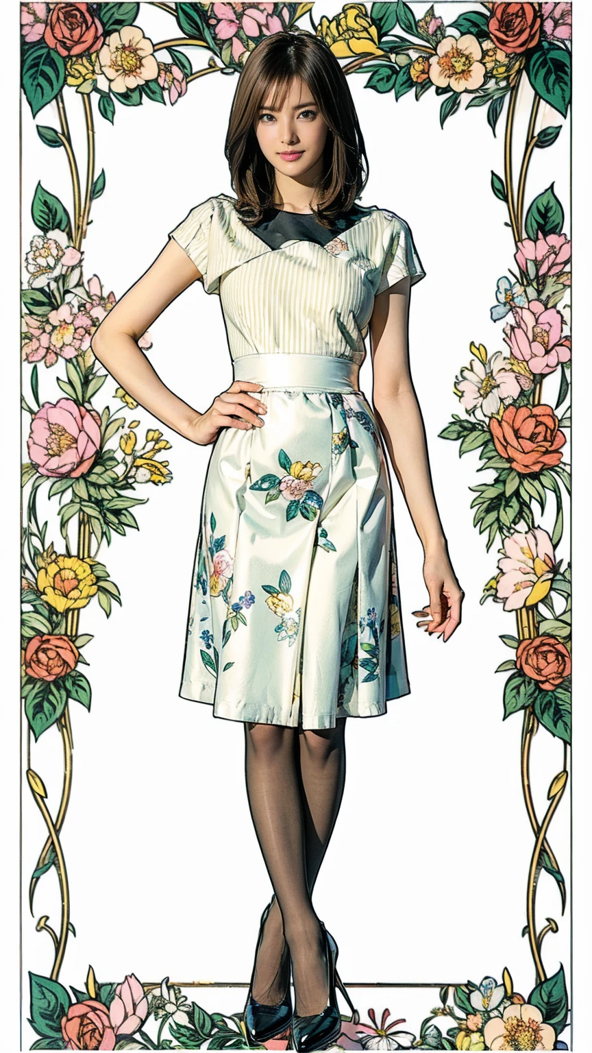 ((masterpiece)),(((Highest quality))),Thin thighs,Long legs,whole body:1.5,(One Girl:1.3),(Black pantyhose and thick pointy heels:1.3),(Wearing a floral striped mid-long flared skirt dress:1.2),Short blonde hair:1.2、Model pose with legs spread wide,