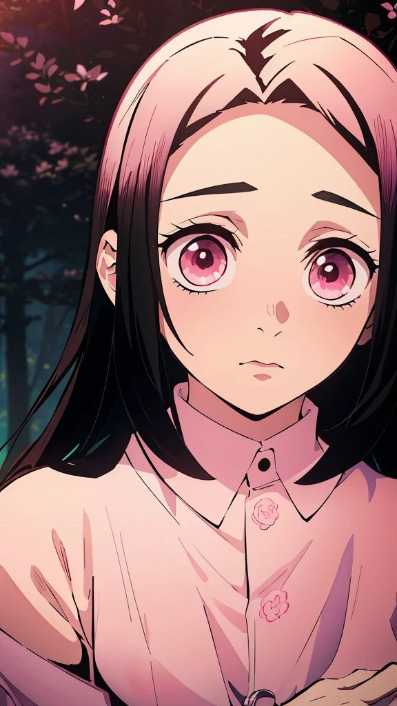 Kimetsu no yaiba style best quality 0.8, beautiful girl with extra long hair (negro)) detailed with eyes ((light lilacs)) dull and sad detailed. with a smile on his lips. Full body with giant breasts, small waist, Wide hips, long legs. In a pink flower kimono, sleeveless, with flower print. Background in the day forest. Butterfly decorations in her hair.
