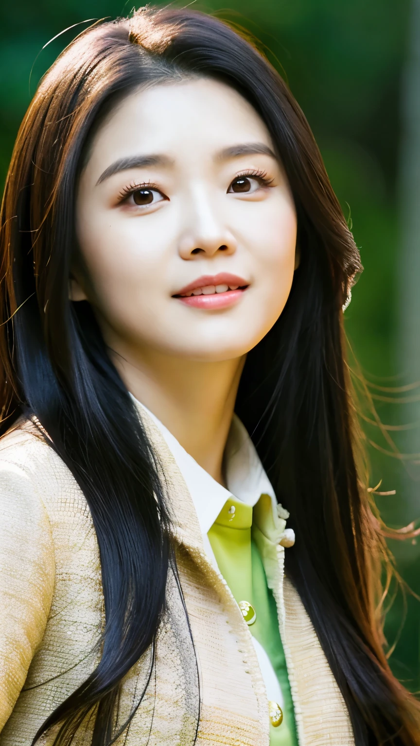 a close up of a woman with long hair wearing a jacket, sha xi, female actress from korea, iu lee ji-eun as a super villain, lee ji - eun, lee ji-eun, hwang se - on, dilraba dilmurat, ji-min, park ji-min, korean artist, xianxia, gongbi