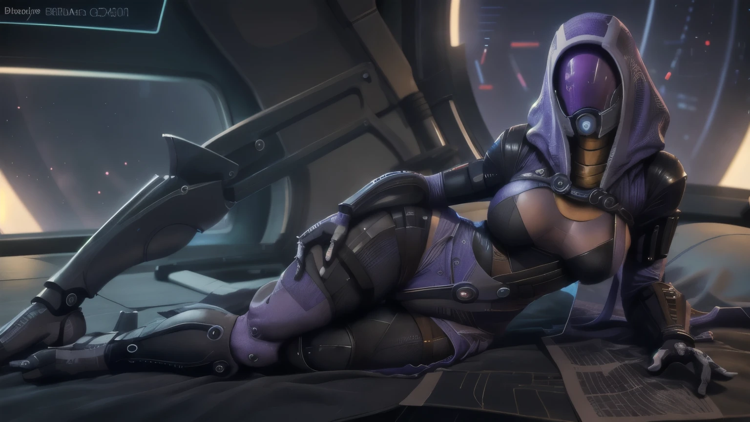 4k, best quality, 1girl, quarian, tali, bodysuit, looking at viewer, face covered, Mass effect, Huge breasts, Huge hips, topic. thigh-high boots, step on dick, purple skin