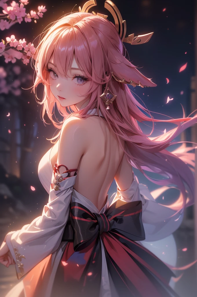 ((yaemikodef)):1.5, ((masterpiece,Highest quality,Highly detailed images,Beautiful images、Dutch Angle)), (In front of the cherry tree、Close-up image of yaemiko、Overall dim lighting、Backlight、Strong backlighting、Fantastic dark atmosphere、Thick Fog、Dust flutters),(Dynamic pose)1.2, sideboob、((from front))