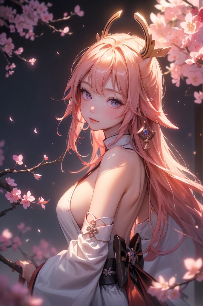((yaemikodef)):1.5, ((masterpiece,Highest quality,Highly detailed images,Beautiful images、Dutch Angle)), (In front of the cherry tree、Close-up image of yaemiko、Overall dim lighting、Backlight、Strong backlighting、Fantastic dark atmosphere、Thick Fog、Dust flutters),(Dynamic pose)1.2, sideboob、((from front))