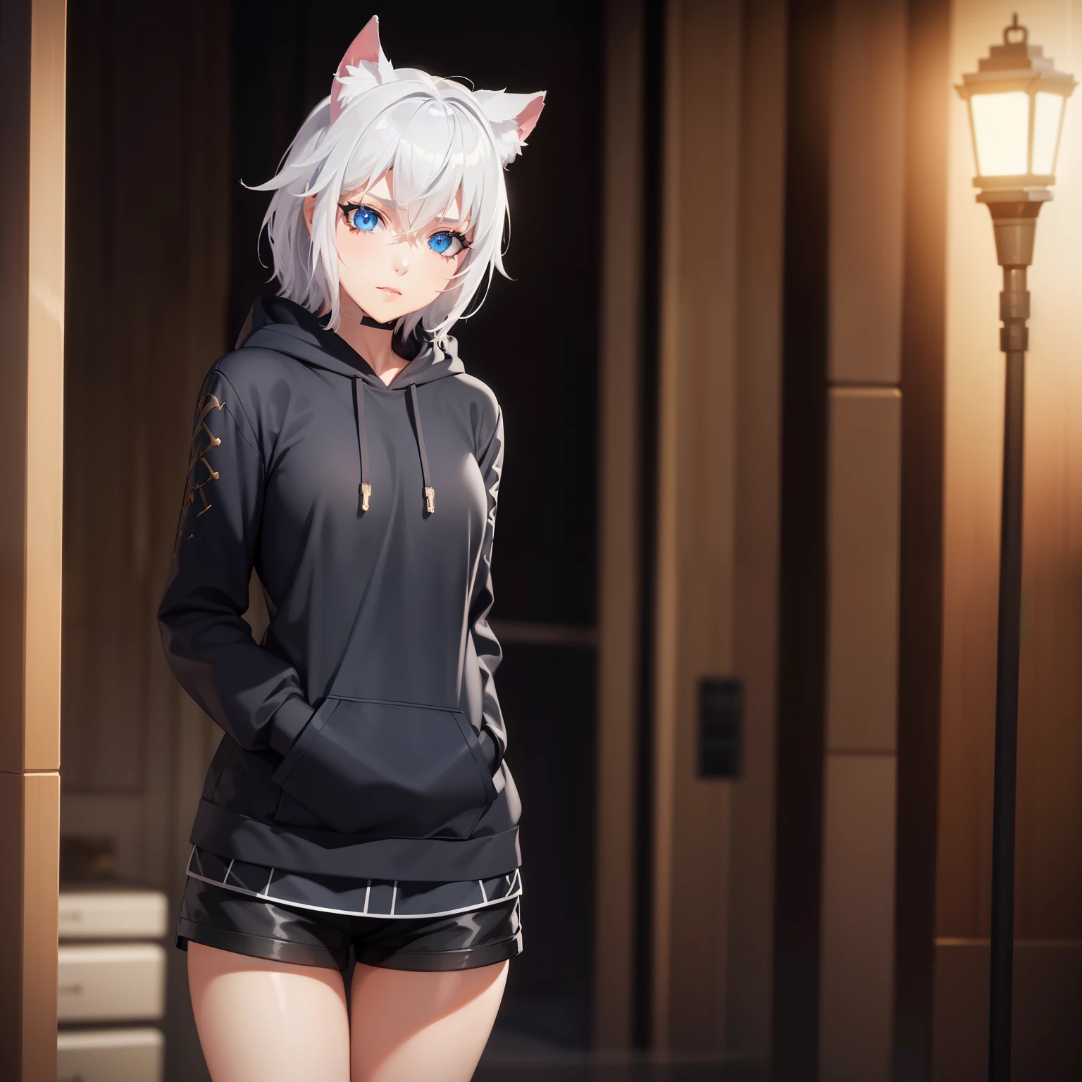 1 girl, character with cat ears, silver hair, short hair, beautiful detailed eyes, beautiful detailed lips, extremely detailed eyes and face, long eyelashes, wearing black hooded outfit, thigh-high stockings, garters, short shorts, (best quality,4k,8k,highres,masterpiece:1.2),ultra-detailed,(realistic,photorealistic,photo-realistic:1.37),concept art, fantasy, cinematic lighting, dramatic shadows You decided to wear a hoodie and covered your body, hiding yourself Rey