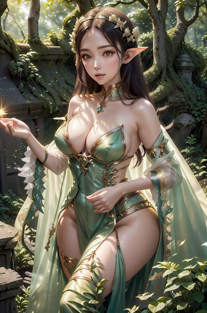 In a dappled, ancient forest ruin, an Elf Princess stands tall, her scepter raised high as beams of warm sunlight filter through the trees, casting a golden halo around her regalness. Her beautiful summer wear, enchanted clothing shimmers in the soft light covered in tiny miniature red multicolored flowers, and pea green and yellow tiny leaved vines, while lush foliage and vines surround her, creating a lush environment. The camera captures a sharp focus on the princess's face, with the rule of thirds composition placing her at the intersection of two diagonals. Shot during the golden hour, the scene exudes an ethereal mood, inviting the viewer to step into this mystical realm, fantasy, better_hands, Leonardo, Angela white, Enhance