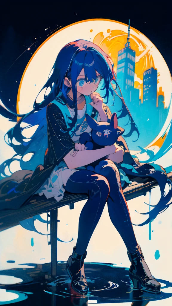 Blue-haired long hair,Design clothing,Seven-doppelganger shot,Anime style 4K,Anime girl with teal hair,High quality anime art style,sit down,painting,Splash ink background,Blue Themes、Pure white background,Buildings,Face close-up,Buildings,Moon and sun、Long legs