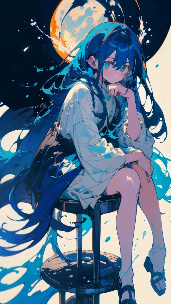 Blue-haired long hair,Design clothing,Seven-doppelganger shot,Anime style 4K,Anime girl with teal hair,High quality anime art style,sit down,painting,Splash ink background,Blue Themes、Pure white background,Buildings,Face close-up,Buildings,Moon and sun、Long legs