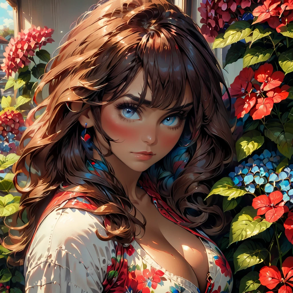 4K, June Scenario, Beautiful latina woman, long hair, chestnut hair, large breasts, blue colored eyes, white shirt, hot pants, red necklace, gazing at viewer, natta, colorful hydrangea