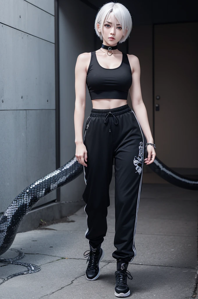 Create a Japanese animated female character, short white hair, intense azure eyes, wearing a black tank top, choker, black jogger pants with chain, combat boots, with a snake tattoo on his right arm.