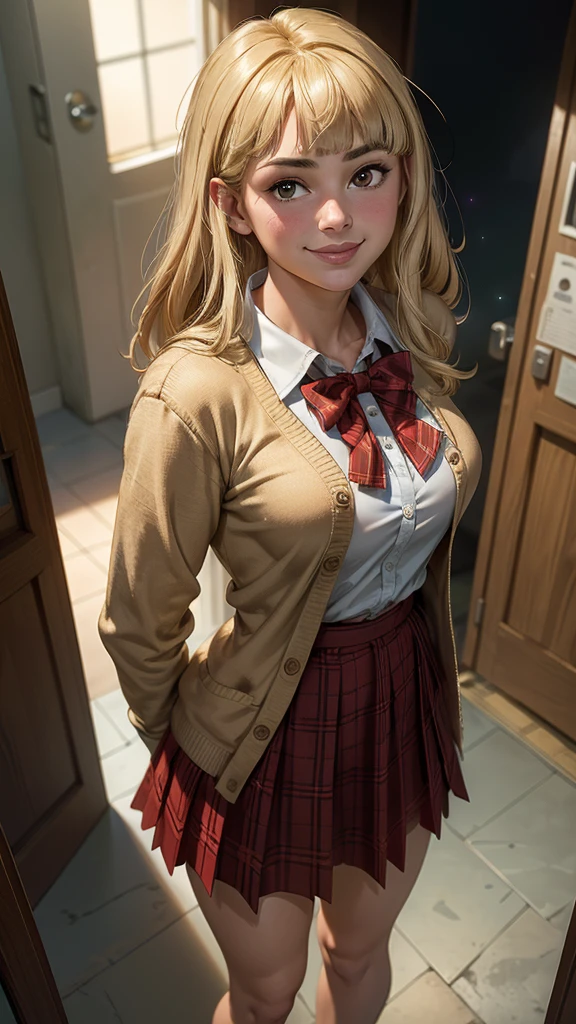 (La mejor calidad,A high resolution,Ultra - detallado,actual),Selena Gómez , blonde hair, (straight hair), bangs on one side, head tilt, (waist), light brown cardigan, plaid skirt, red bowtie, arms behind back, looking at viewer, happy smile, entrance, outdoor, from above, age, (depth of field), masterpiece, best quality, (anatomía perfecta :1.4), (fondo pasillo de escuela secundaria :1.4), (Casilleros de escuela :1.4), (Selena Gómez :1.4), (iluminación cinematográfica :1.4)