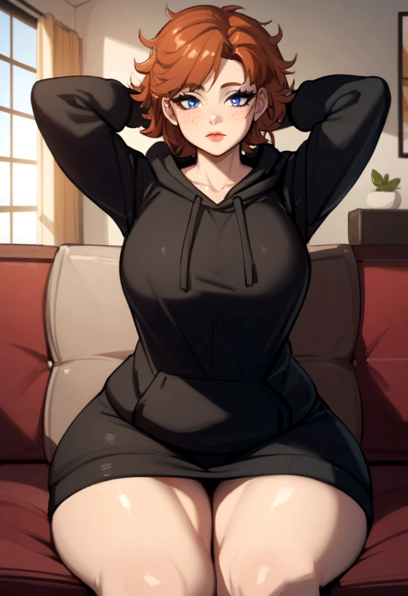 anime girl sitting on a couch with her hands on her head, thicc, anime girl wearing  a black hoodie, ginger hair, short messy hairstyle,blue eyes, beautiful face with freckles, full body portrait of a short!, [ 4 k digital art ]!!, marin kitagawa fanart, large thighs, high quality portrait, !!full body portrait!!, sitting on the couch