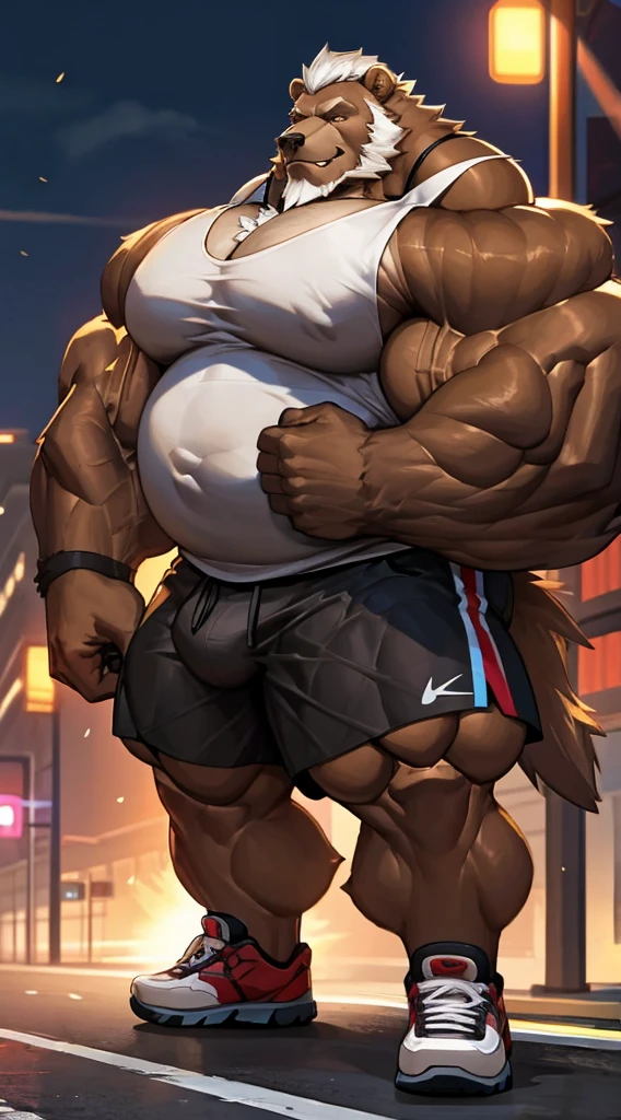 chubby Grizzly Bear in nigh street city (wearing white hym shorts and white tank top, gym shoes), big balls, hyper muscle, hyper muscular, hyper pecs, hyper pectoral, absurdly muscular, absurdly muscle size, flare lights, bur background, old grizzly bear, thick arm, huge arm, bearded. Thick huge heavy brown fur, White hair and long beard, bearded, muscular, pectoral, wide pectoral, large pectoral, realistic, 8k, masterpiece,