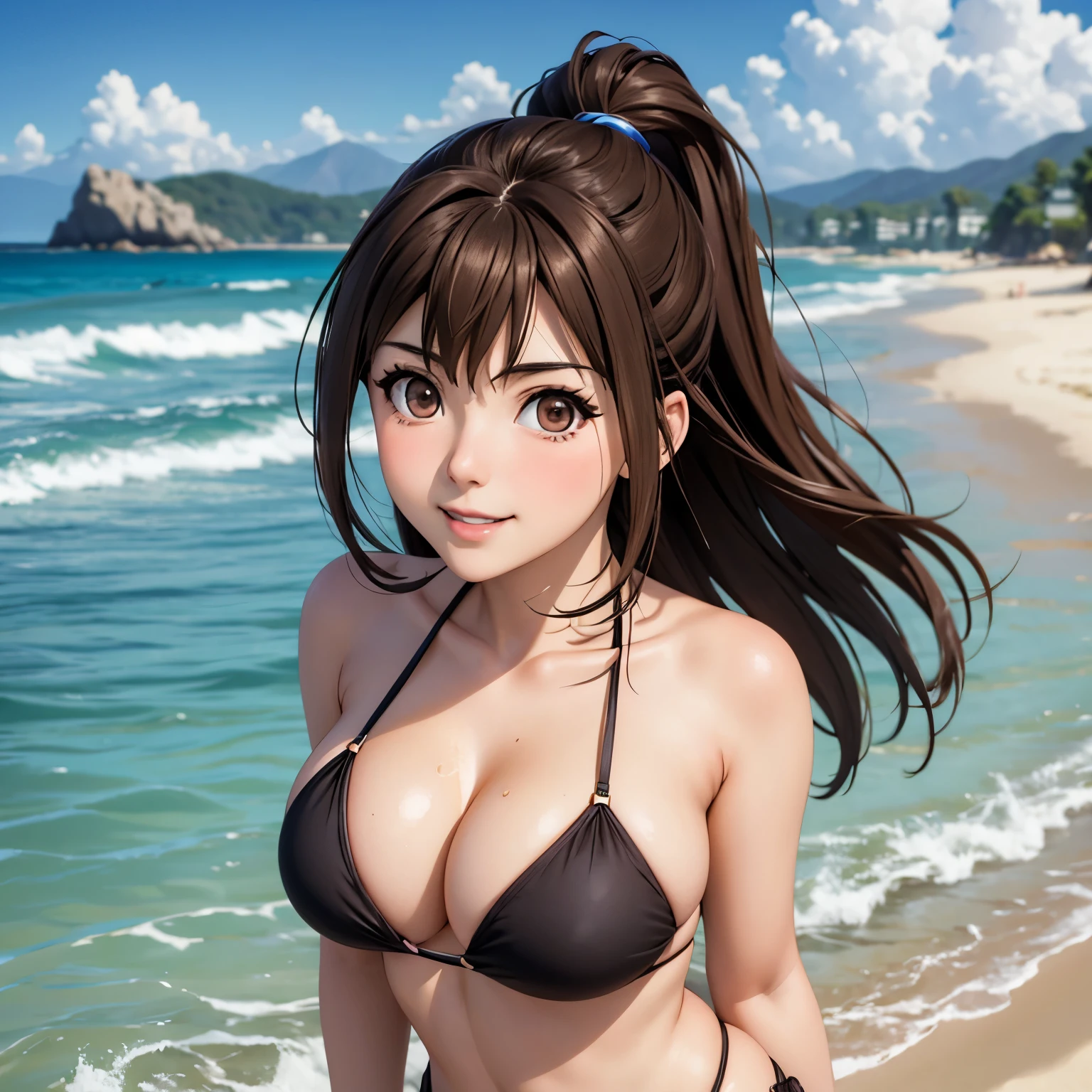Kizuna Kazayama, 25 year old woman, mature face. Brown hair , Brown eyes, SMILE, blush, big breasts, Bikini , background a sunny beach..