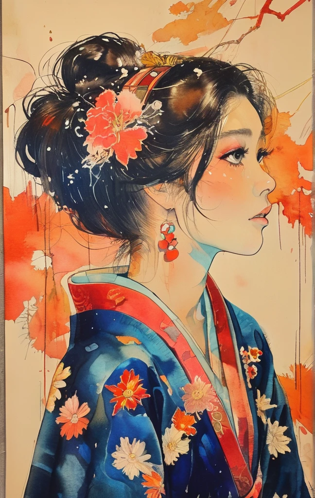 A woman in a kimono waiting for her love. She can hardly stand still, worrying about her loved one who has gone to the war.(Watercolor) (Blurred outline) (Vivid colors) (Super delicate lines) (Masterpiece) (Fantastic atmosphere) (Very high quality) (Painting with three-dimensional effect)