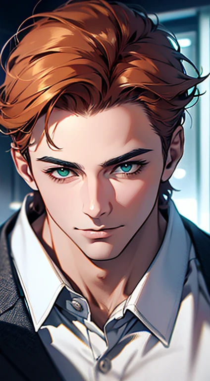 (best quality,4k,8k,highres,masterpiece:1.2),ultra-detailed,(realistic,photorealistic,photo-realistic:1.37),1 man,31 years old,mature man,very handsome,without expression,smile,short grey orange hair,green eyes,penetrating gaze,perfect face without errors,imposing posture,businessman,office background,cinematic lighting,hdr image