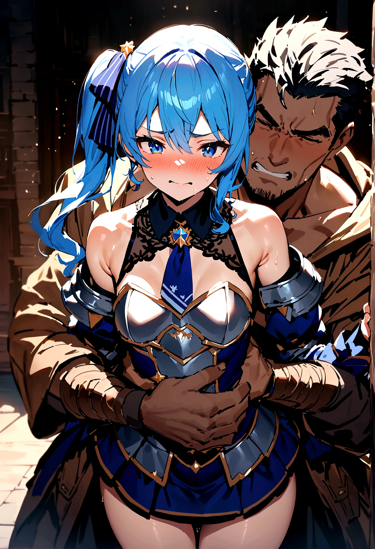 NSFW,masterpiece,Highest quality,High resolution,Super detailed,Star Town Suisei\(Hololive\),Blue Hair,One Side Ponytail,Blue Eyes,Small breasts,(Adventurer),(Fantasy),armor,breastplate,leotard,Off the shoulder,Removable sleeves,Micro Mini Skirt,Adventurerギルド,reception,Embarrassed,(Expecting face),Frustrated face,(Fawning),(Strong-faced men),A man puts his hands on her waist and hugs her,(caress),Having sex,Insert,Creampie,(Squirting)
