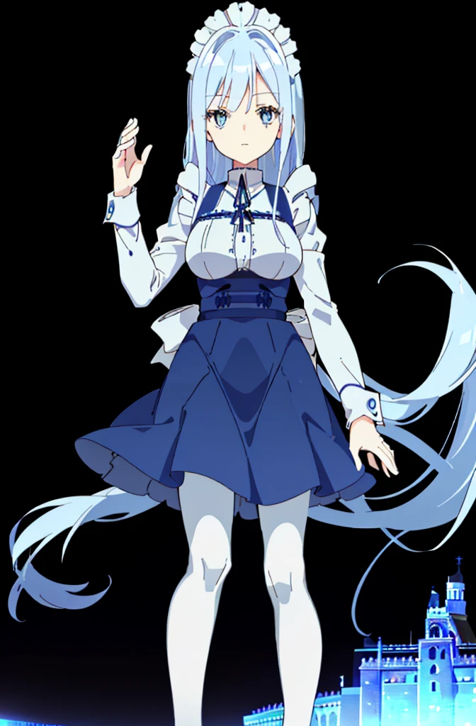 ((cathedral background)),1 girl! Ray tracing, best shadows, high resolution (dim lighting) blue hair, plump and slender girl, (girl wearing white shirt, black wrinkled skirt, with black transparent pantyhose), showing a delicate slim figure and graceful curves, correctly positioned and reasonable limbs! facial details! Delicate facial features, pay attention to the position details of the legs! Pay attention to hand details! High quality! More eligible! Reduce errors, ultra-detailed CG, more reasonable picture! Delicate finger detailing,((blue medium hair)),((White Maid Costume)),blue eyes,((whole body)),whole body,((White Maid Costume)),((White Maid Costume)),evil smile,((cathedral background)),((cathedral background)),