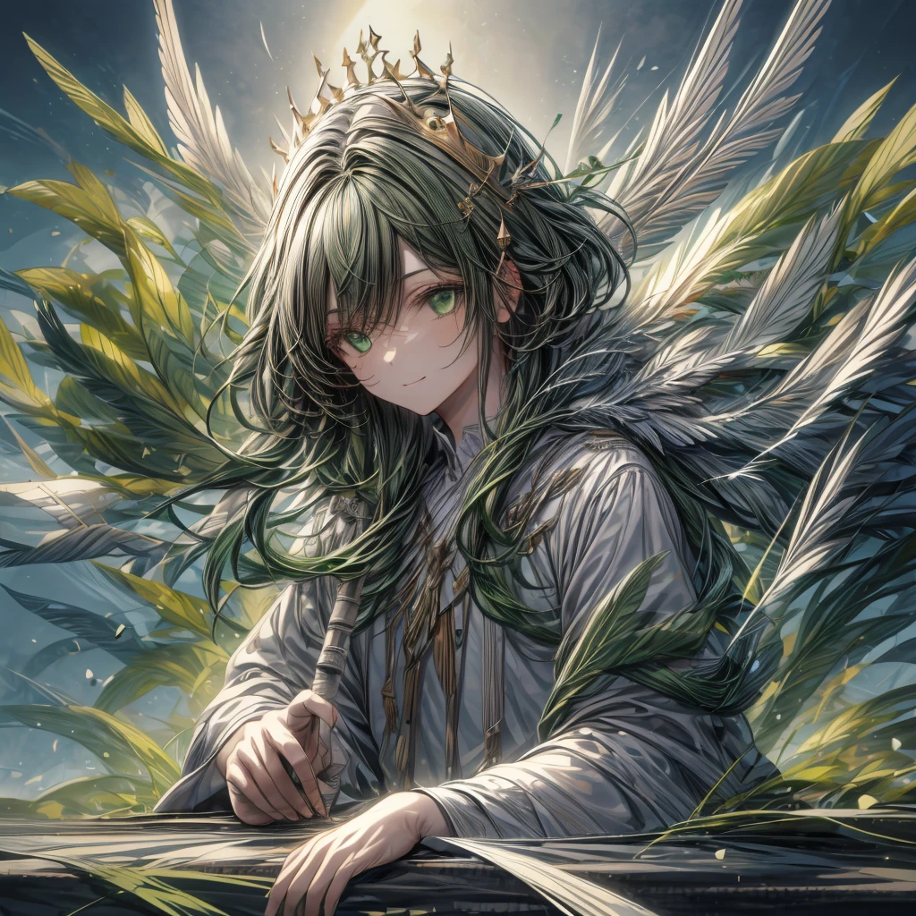 ((top-quality)), ((​masterpiece)), ((Ultra-detail)), (extremely delicate and beautiful), man with, solo, cold attitude,((king costume)),he is very(relax)with  the(Settled down)Looks,A black-haired, depth of fields,evil smile, feather, under the water, wings,bright light green eyes,Inner color with dark hair and light green tips,Cold background, short Hair - Linear Art, pants、White uniform like 、Light、Clothes are sheer 、elegant pose